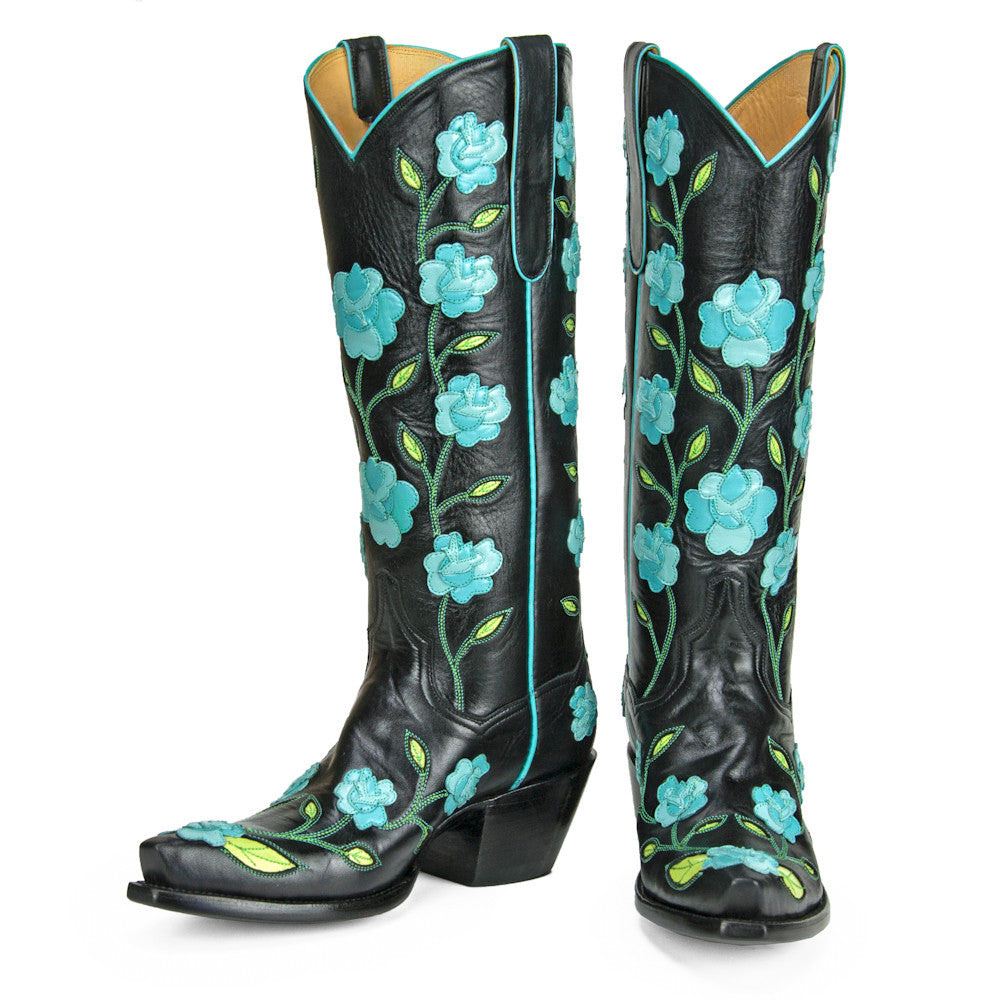 Black & Turquoise Flower Embroidered Heeled Knee High Cowgirl Boots