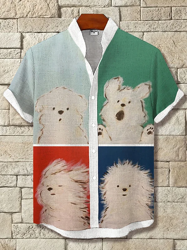 Men's Scrawled Dogs Illustration Color Block Art Print Linen Blend Shirt
