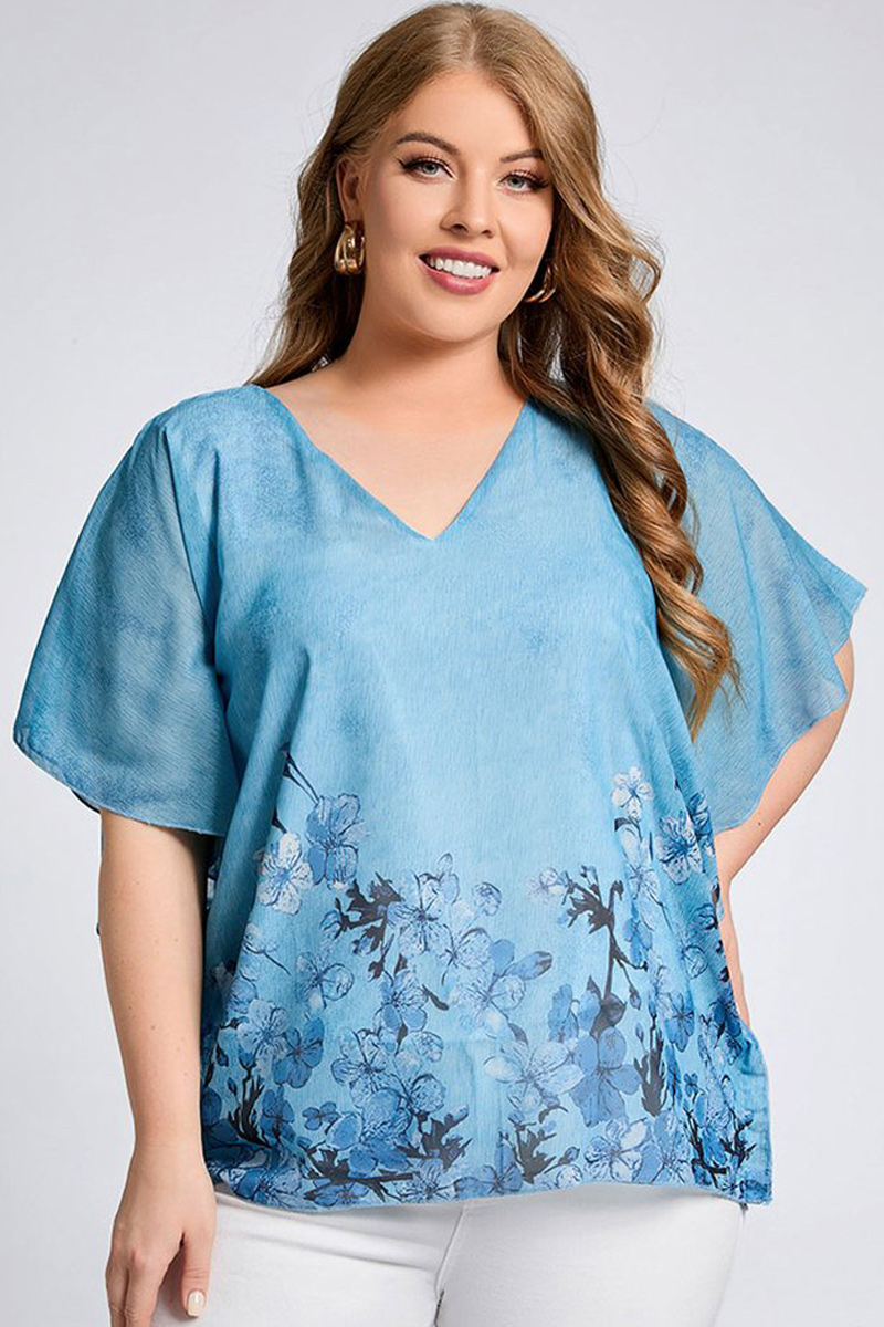 Flycurvy Plus Size Blue Floral Print V Neck Batwing Sleeve Casual Blouses 2024 - Flycurvy 