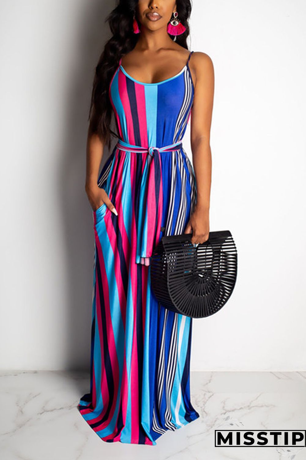 Multicolor Fashion Sexy Striped Printing Loose Dress