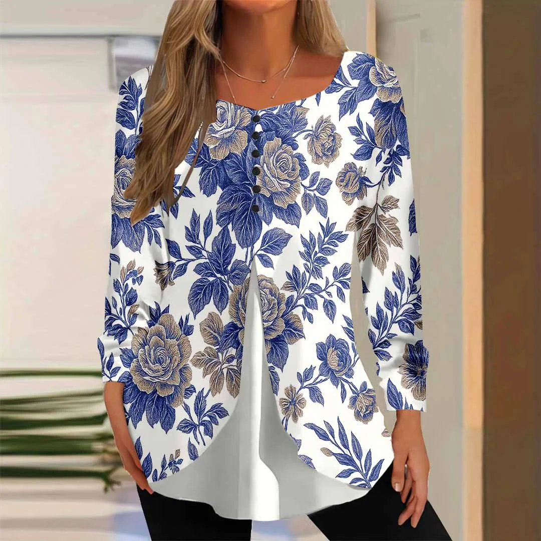 Women Floral,Blue DZGG8158 Long Sleeve Scoop Neck Printed Graphic Button Fake 2in1 Tops