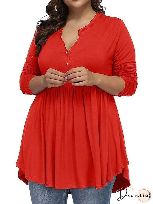 T shirt Tee Light Blue claret Deep Purple Plain Button Flowing tunic Long Sleeve Daily Weekend Basic V Neck Long Plus Size L for Women