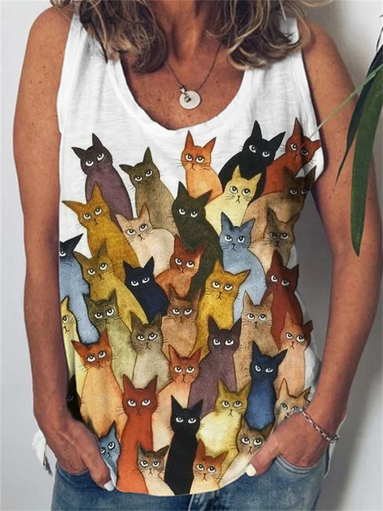 Funny Crowded Cats Watercolor Art Tank Top