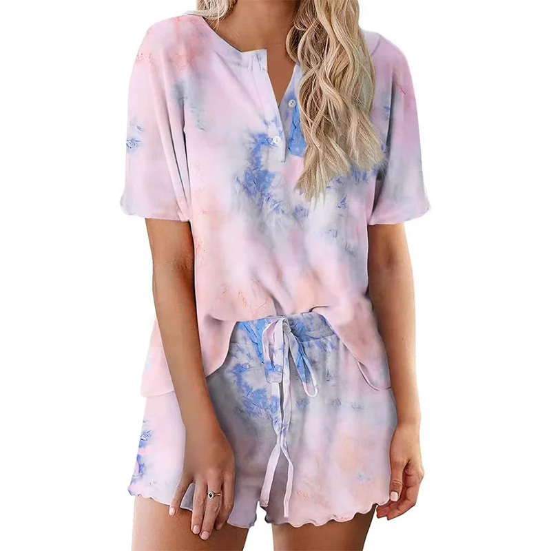 Women's Tie Dye Lace Elastic Waist V- Neck Short Sleeve Pajama Sets  