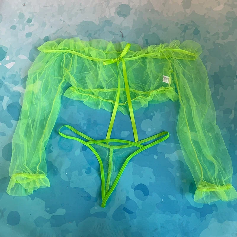 Ellolace Off Shoulder Sensual Lingerie Ruffled Transparent Exotic Costumes Long Sleeve Lace Hot Sexy Sissy Top Thong Breves Sets