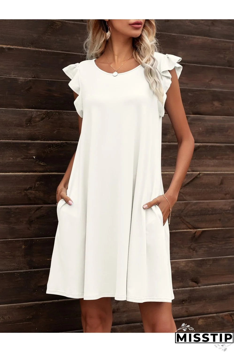Round Neck Flutter Sleeve Dress with Pockets
