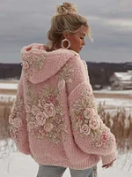 Women's Pink Floral Embroidered Art Cozy Plush Hoodie