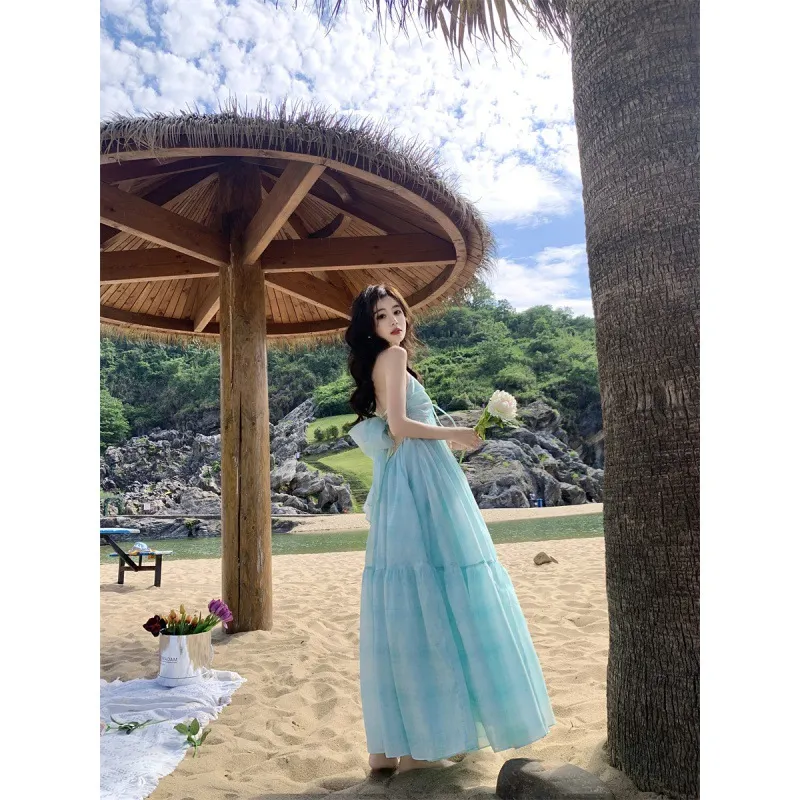 Churchf Churchf Wind Letter Purple Mint Green Neck Pendant Dress Summer Dopamine Beach Vacation Fairy Dress