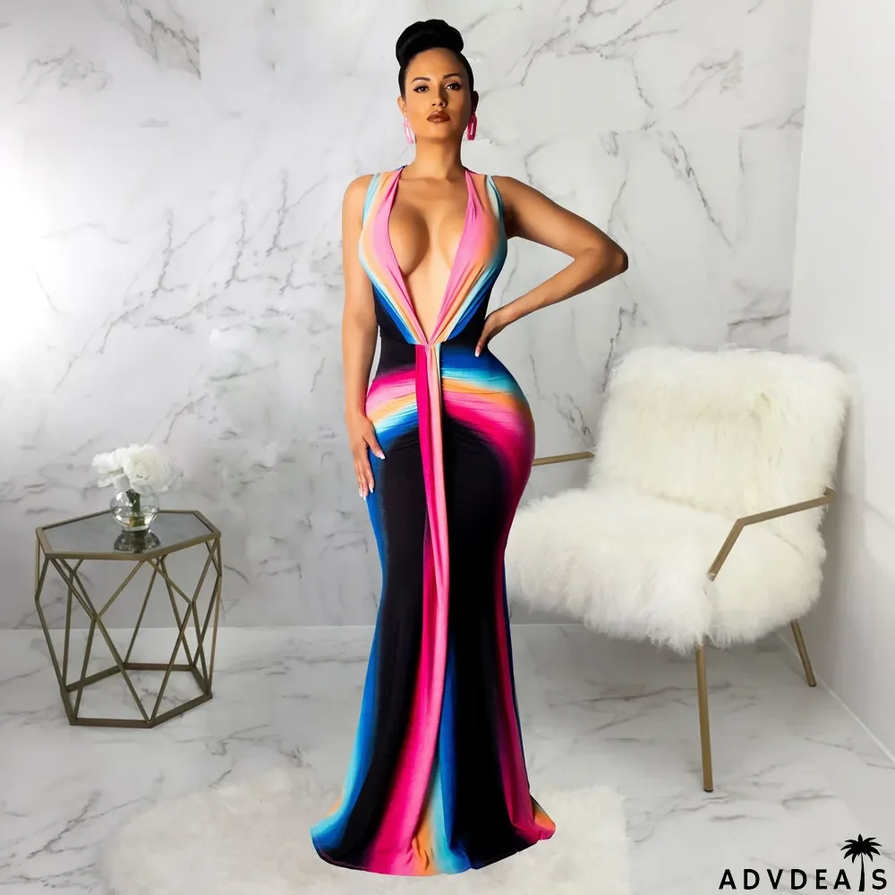 Sexy Printed Deep V Neck Maxi Dresses