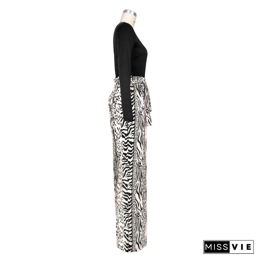 Single Shoulder Patchwork Lace Up Wide Leg Jumpsuits