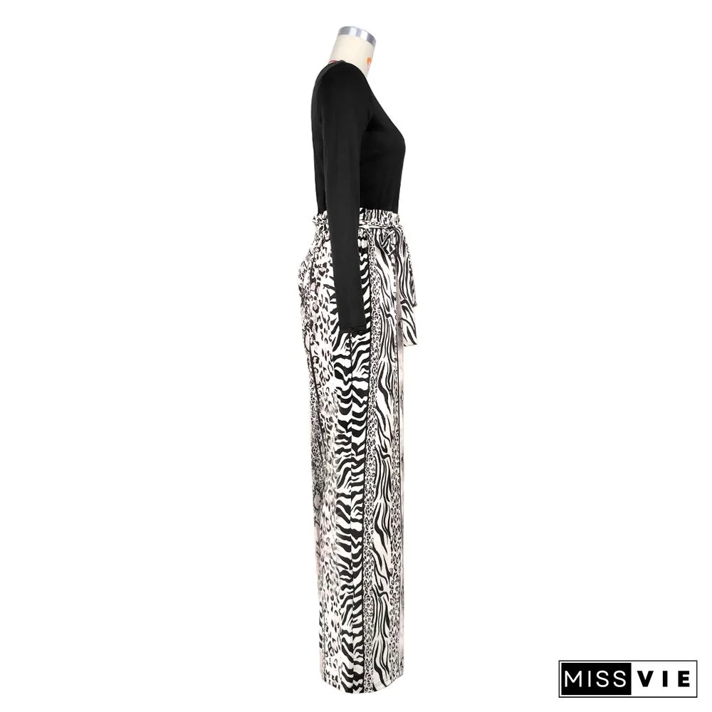 Single Shoulder Patchwork Lace Up Wide Leg Jumpsuits