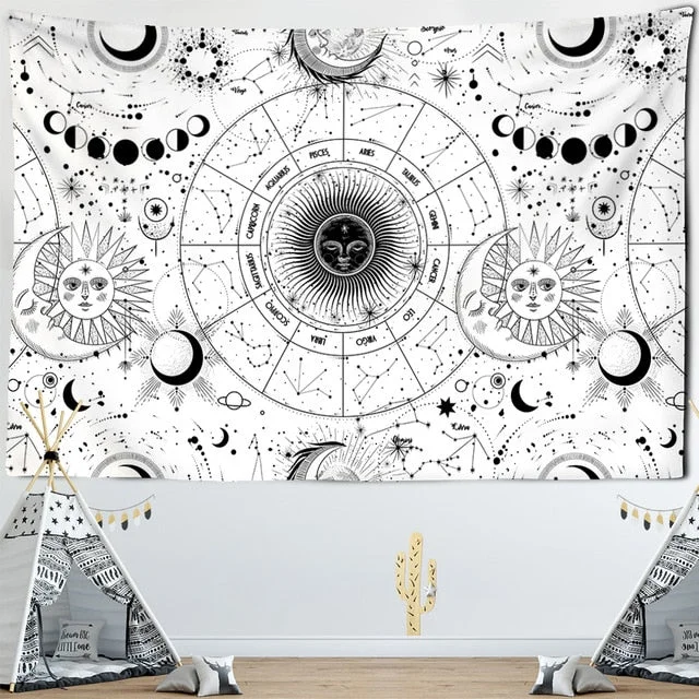 Sun Moon Mandala Starry Sky Tapestry White Black Wall Hanging Bohemian Gypsy Psychedelic Tapiz Witchcraft Astrology Tapestry