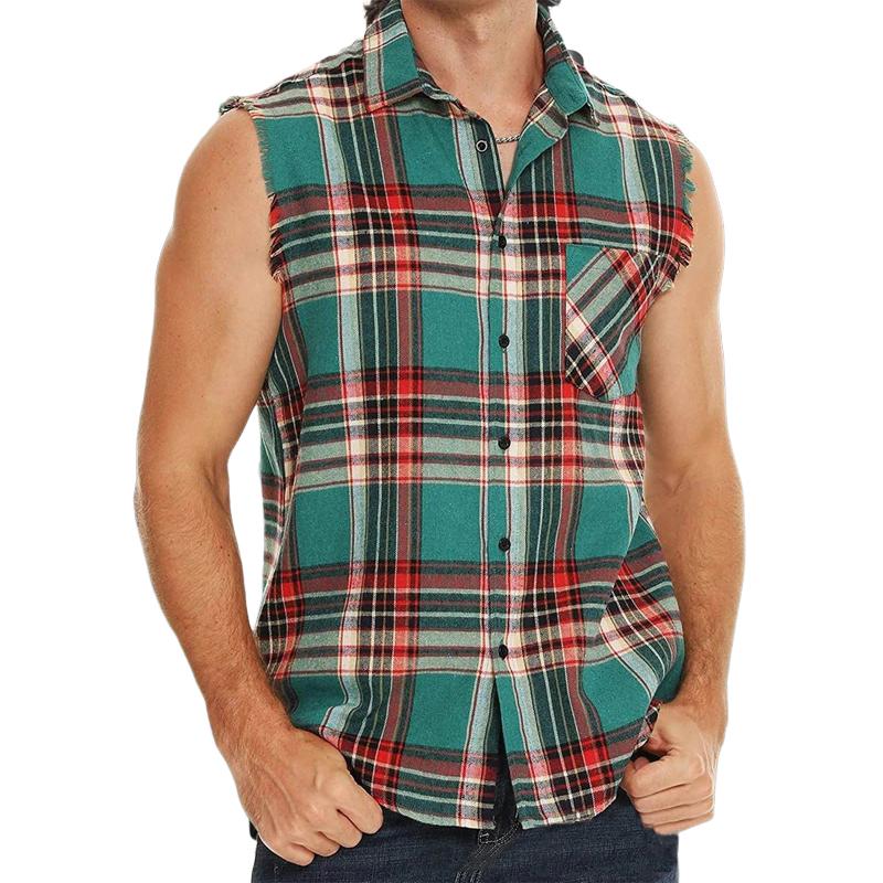 Men's Plaid Print Button-Down Sleeveless Shirt