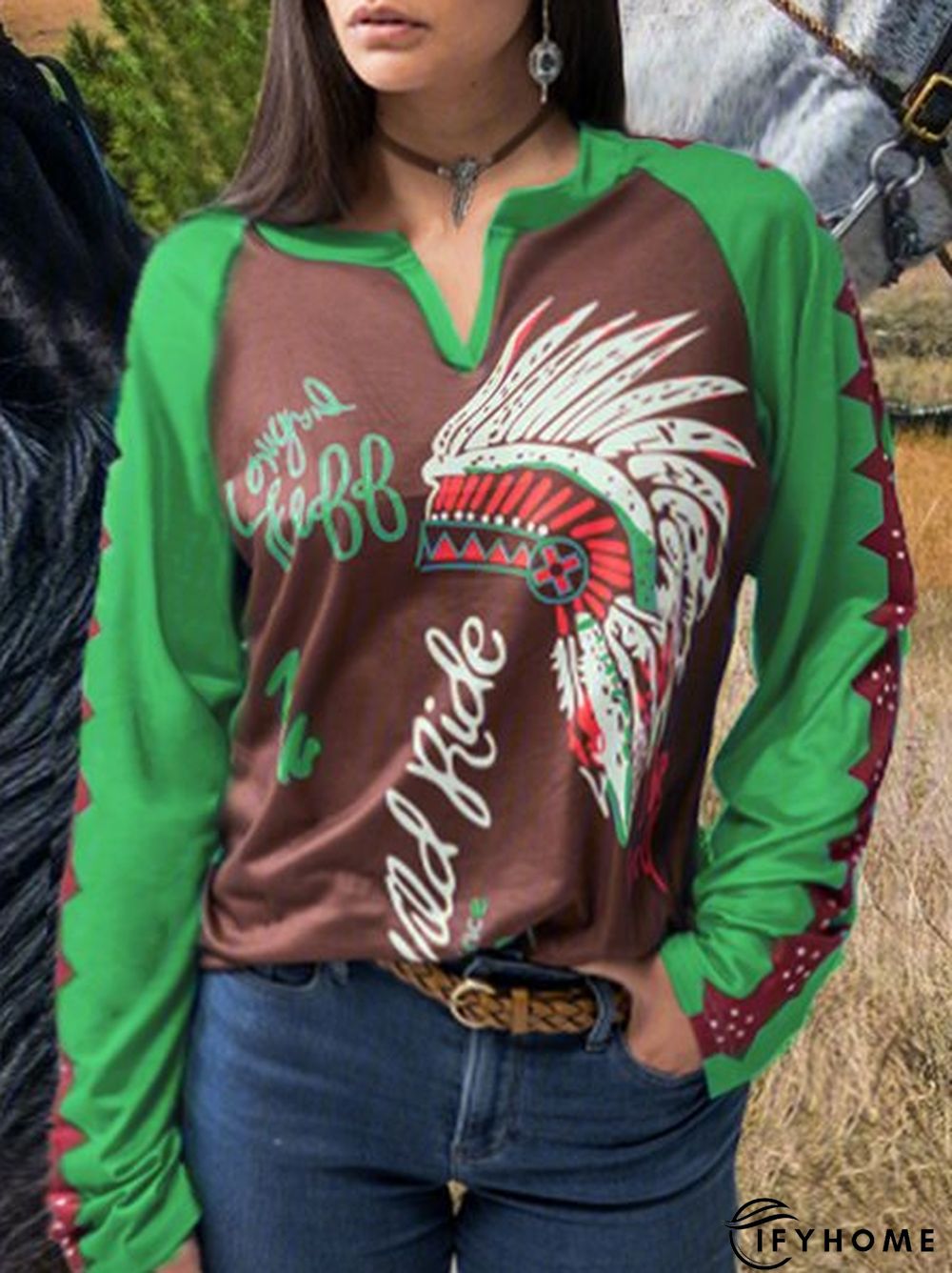 Color Block Crew Neck Cotton-Blend Blouse | IFYHOME