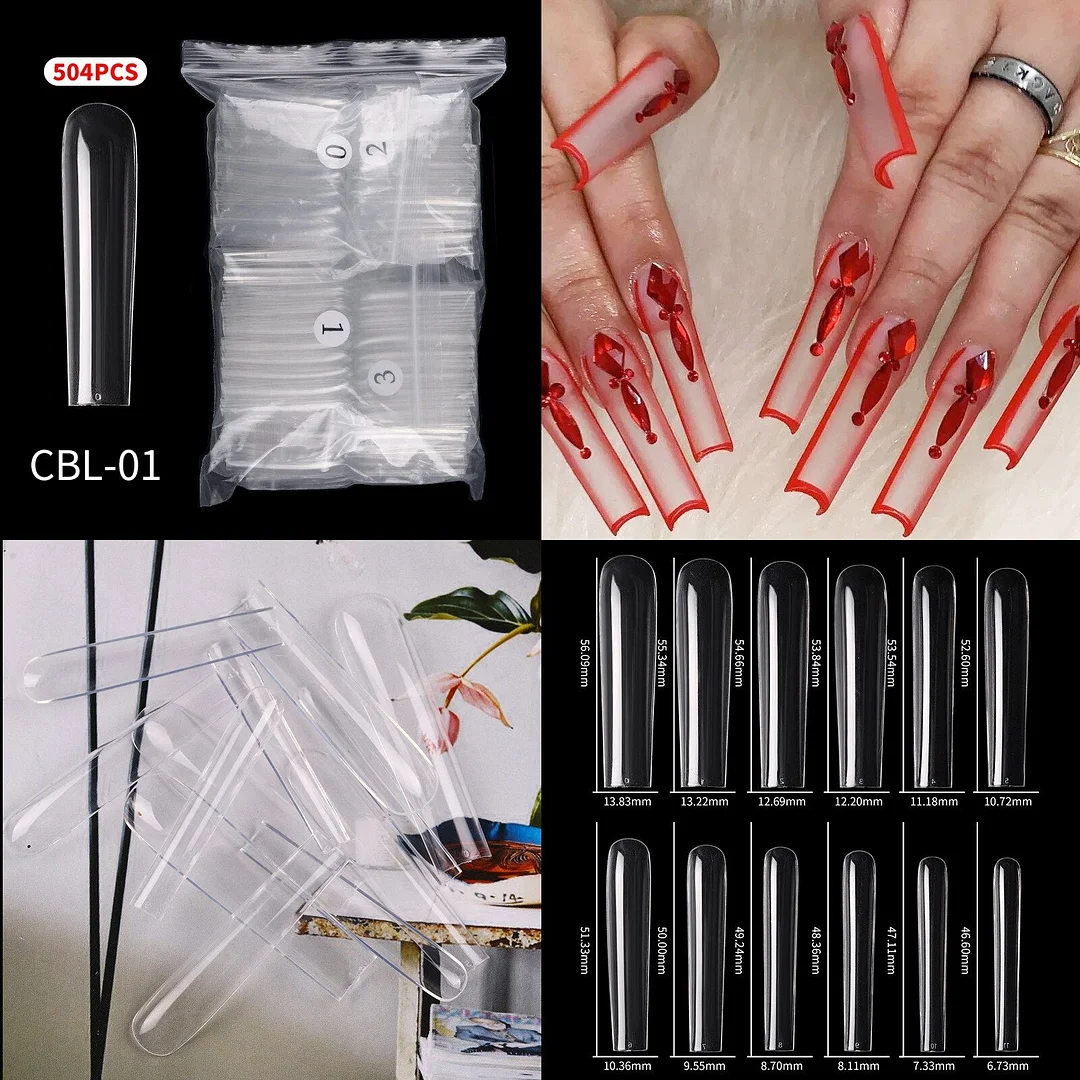 504PCS XXL Extra Long False Nail Art Tips White Clear Acrylic Full Cover Fake Coffin Nails Tips Pack for Salon Accessories 2022