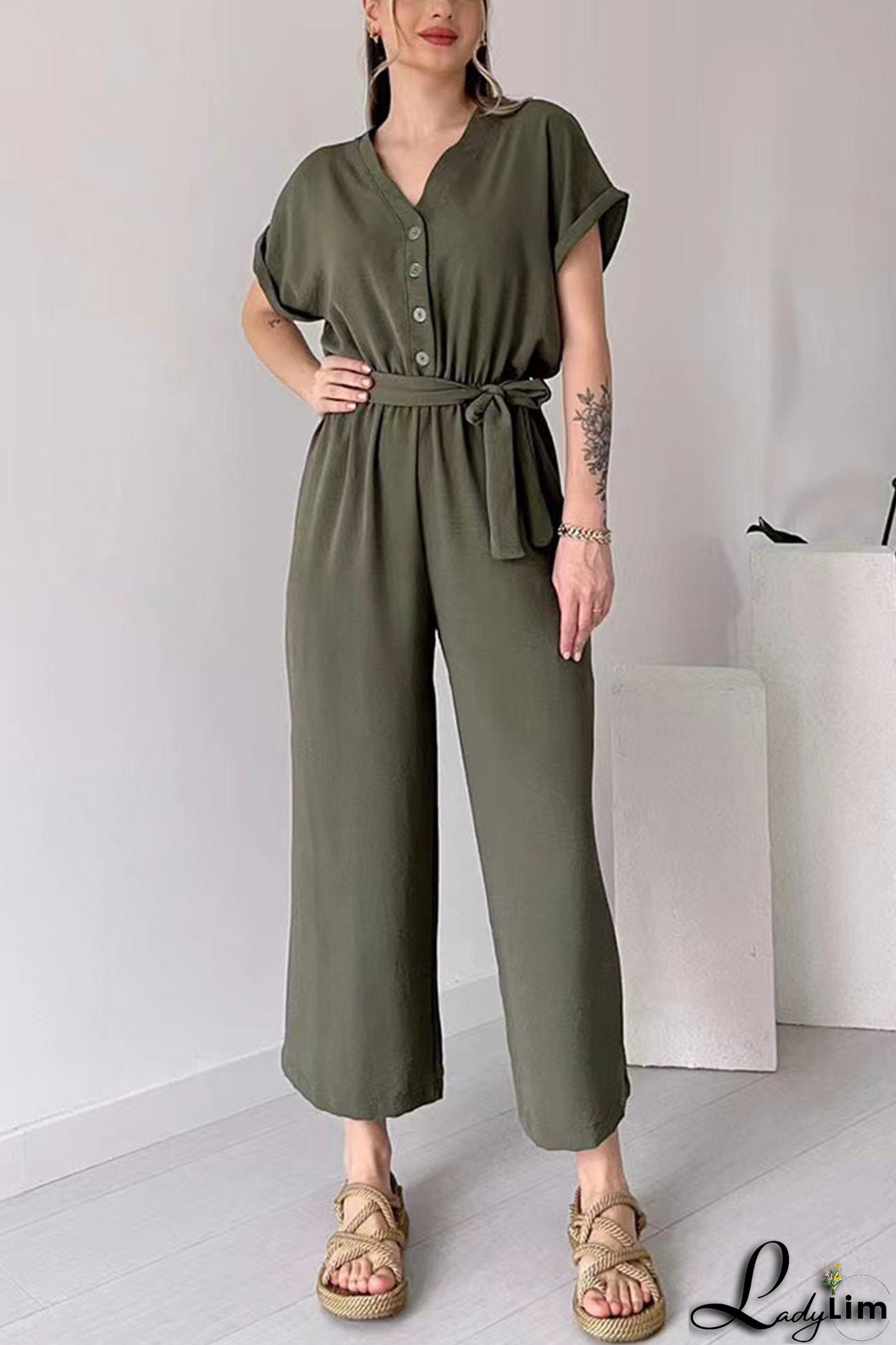 Short Sleeve Single-breasted Waisted Jumpsuits