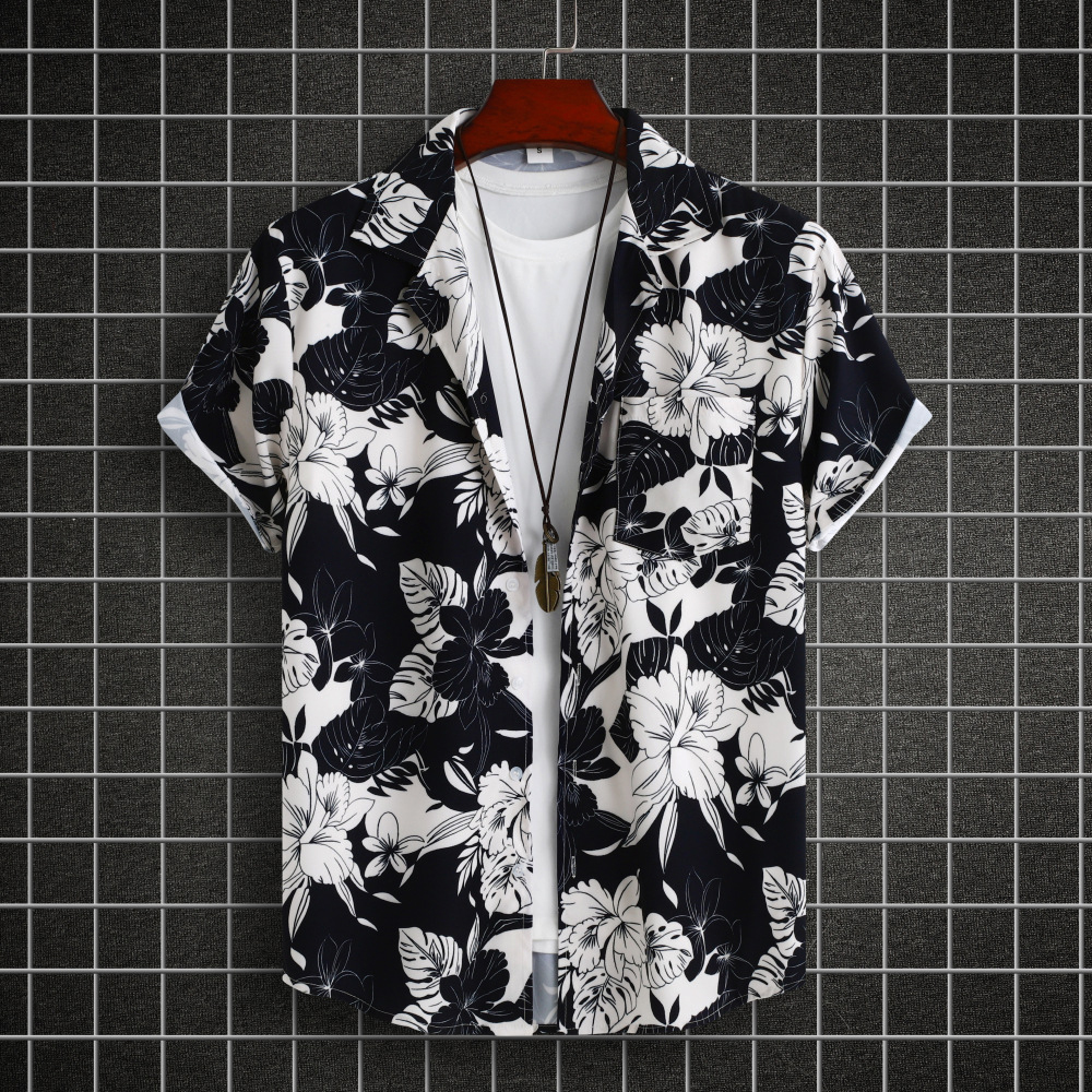 Black Floral Printed Lapel Hawaiian Beach Short-sleeved Shirts