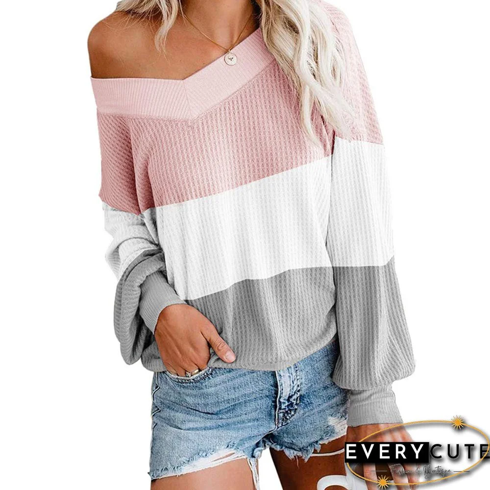 Pink Color Block Off Shoulder Pullover Tops