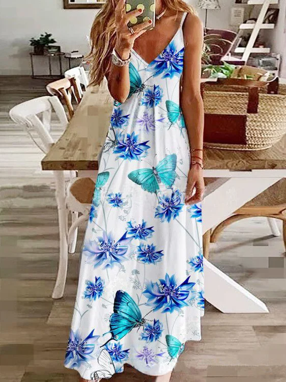 Blue Butterfly Printed V-neck Slip Maxi Dress