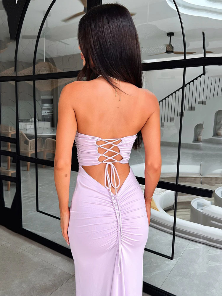 Ootddress Sexy Sleeveless Bodycon Hollow Out Dress For Women Lace Up Pleats Slim Maxi Female Vestidos Elegant Party Evening Dress