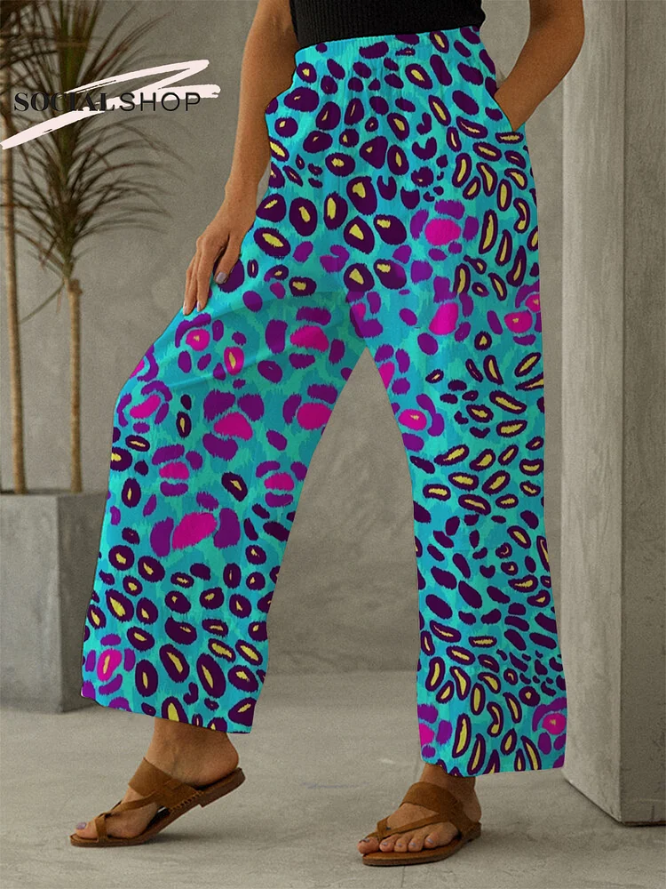 Women'S Blue Paneled Leopard Casual Pants socialshop