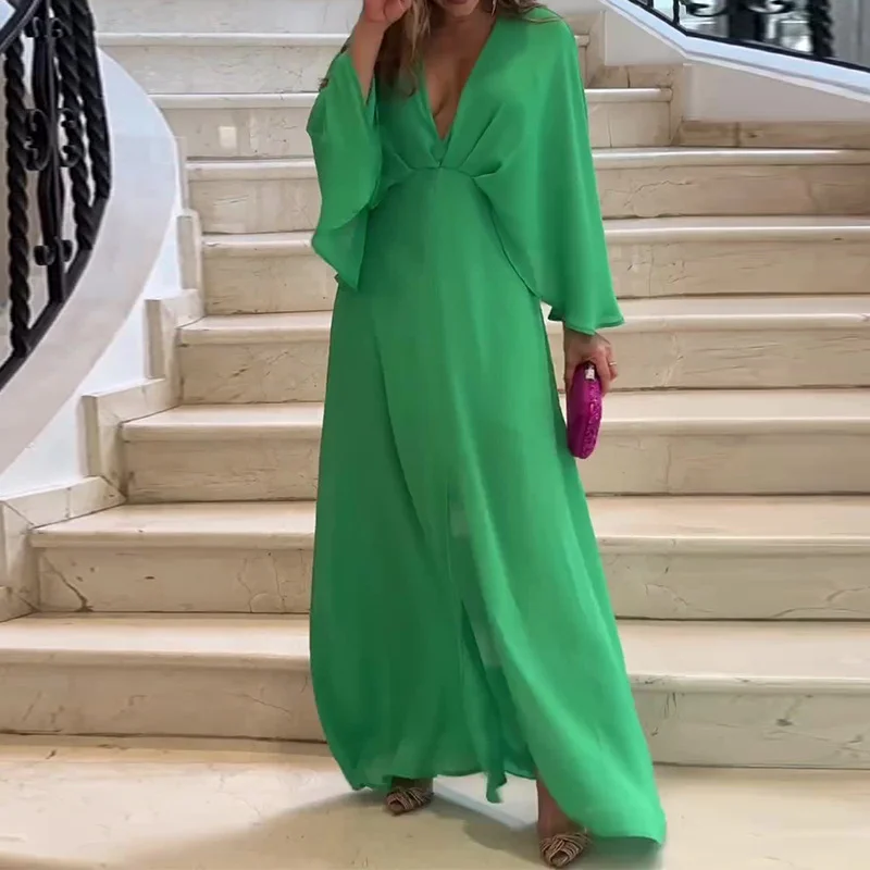 Toloer Toloer Summer New Leisure Light Luxury Home Deep V Pure Color Loose Dress-Outfit Ideas