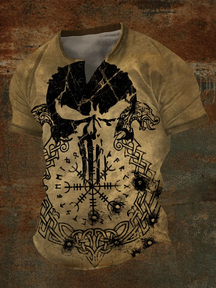 Broswear Men's Vintage Viking Vegvisir & Skull Graphic Henley Shirt