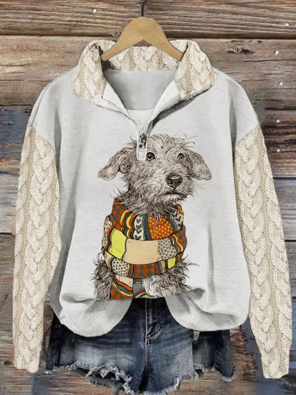 Women's Sweater Dog Print Lapel Zip Sweatshirt