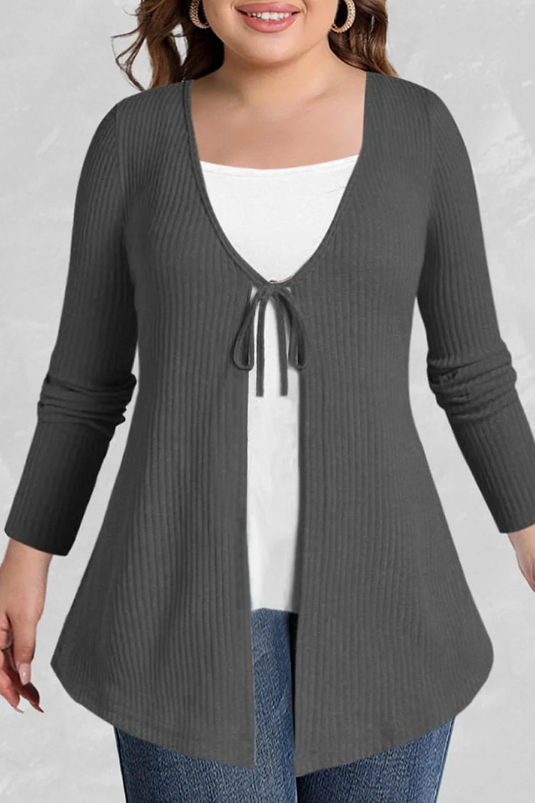 Flycurvy Plus Size Casual Dark Grey Rib Knitted Lace-Up 2 in 1 Blouse  Flycurvy [product_label]