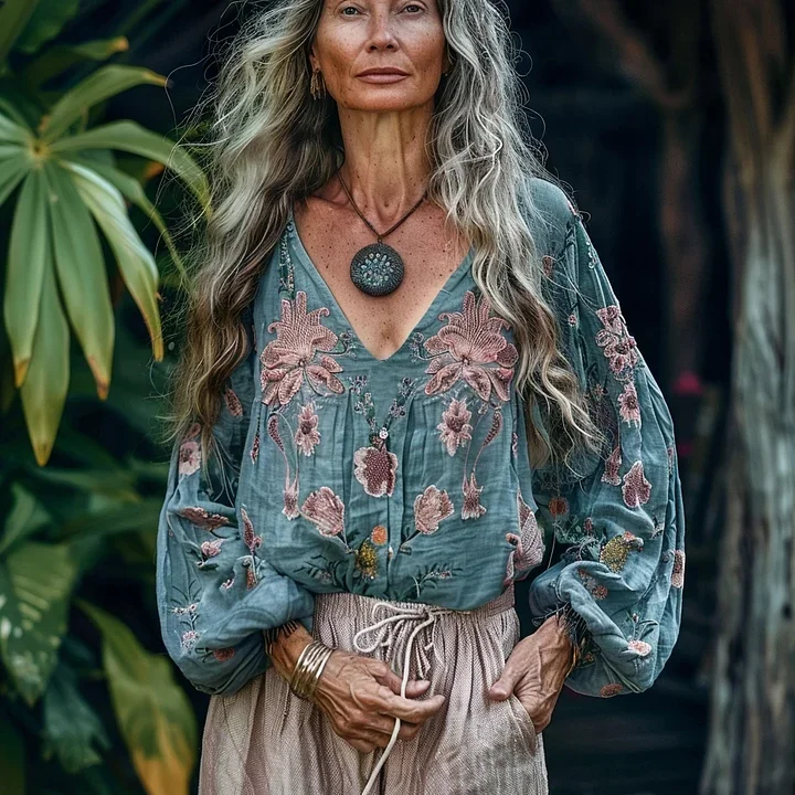 Vintage Bohemian Floral Linen Art Print Long Sleeve V-neck Shirt