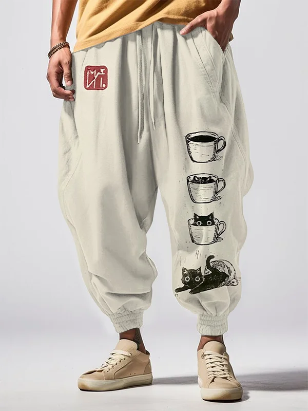 Men's Cat Coffee Cup Japanese Art Painting Graphic Loose Drawstring Waist Sweatpants