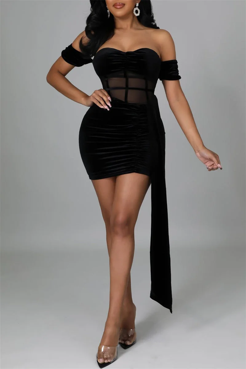 Fashion Sexy Patchwork See-through Backless Off the Shoulder Short Sleeve Dress