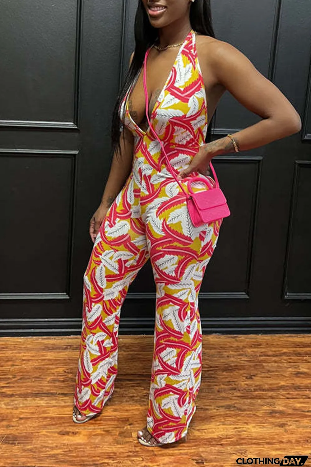 Green Sexy Print Split Joint Halter Regular Jumpsuits