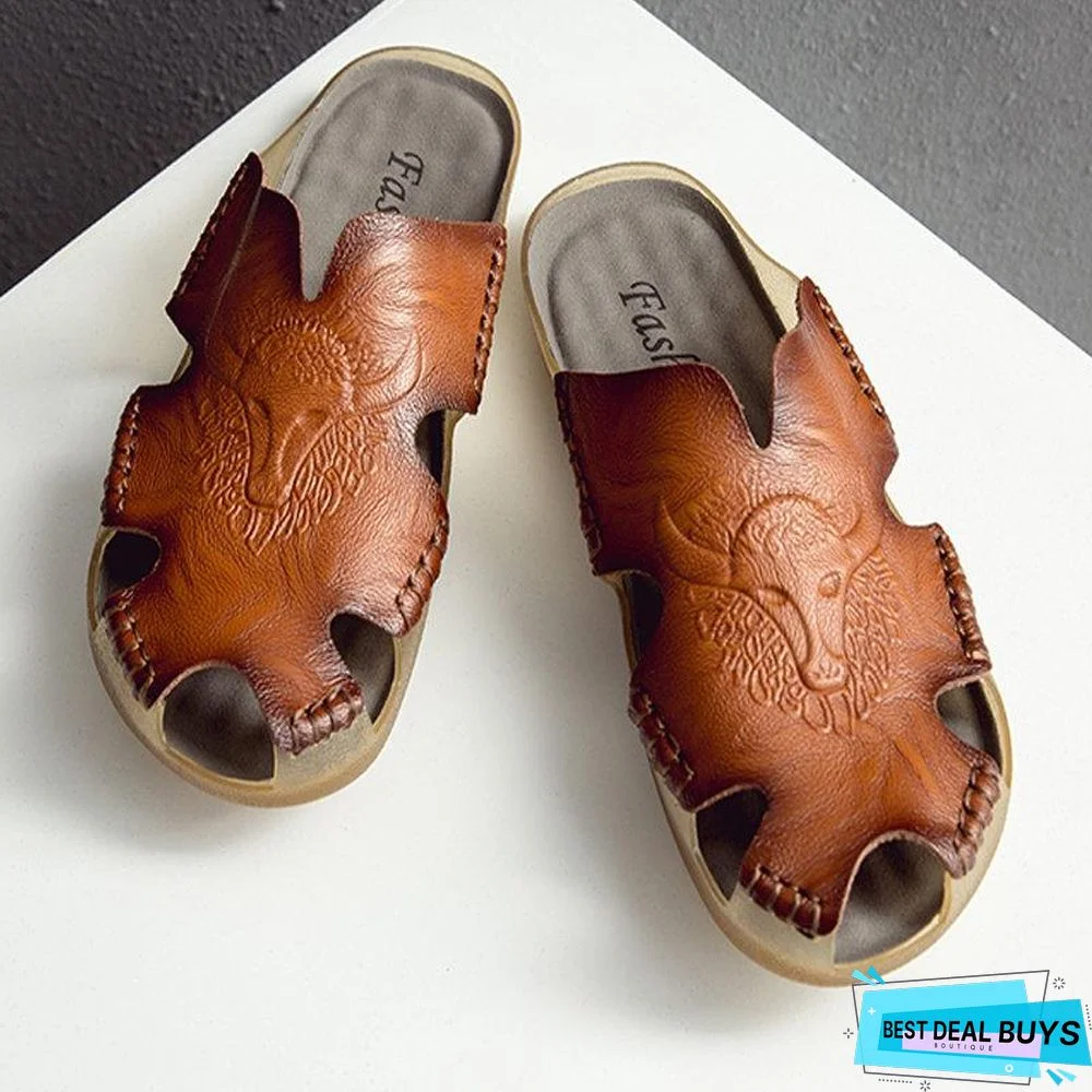 Men's Genuine Leather Non-Slip Sandal Shoes Breathable Beach Flip Flops Shoes
