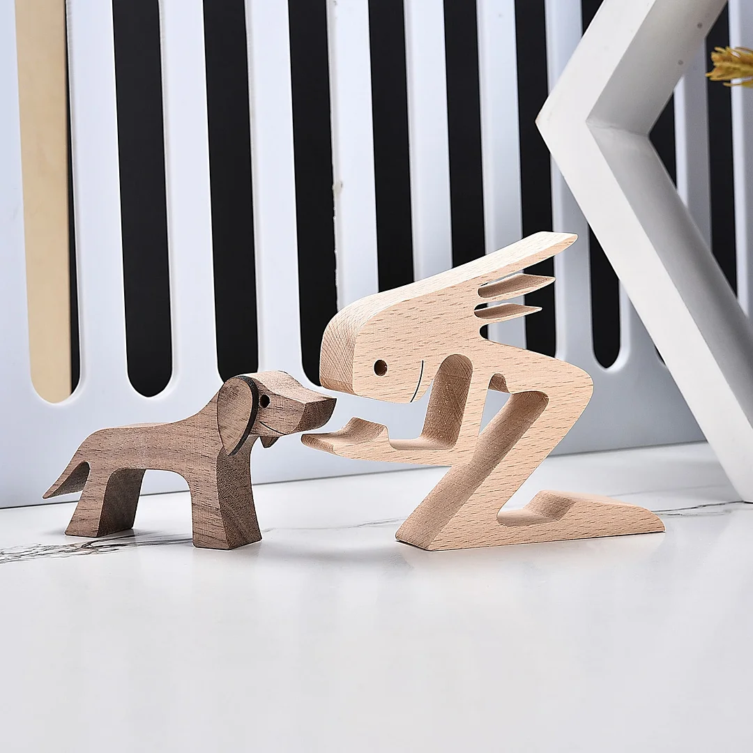 Handmade Wood Dog Decor Sculptures Craft Creative Figurine Ornement Decoration For Bedroom Home Office Decor Gift Natural