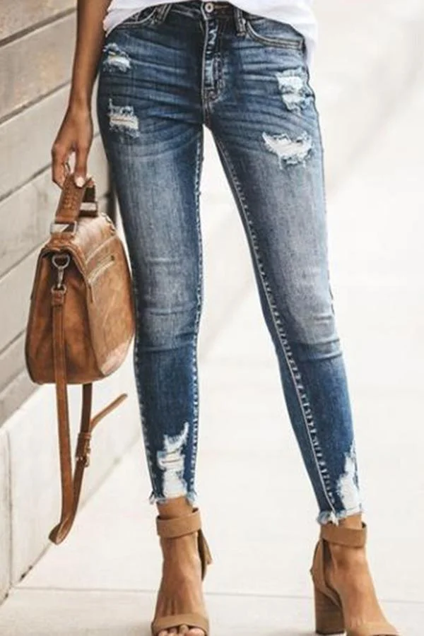 Womens Casual Hole Solid Color Skinny Fit Jeans-Allyzone-Allyzone
