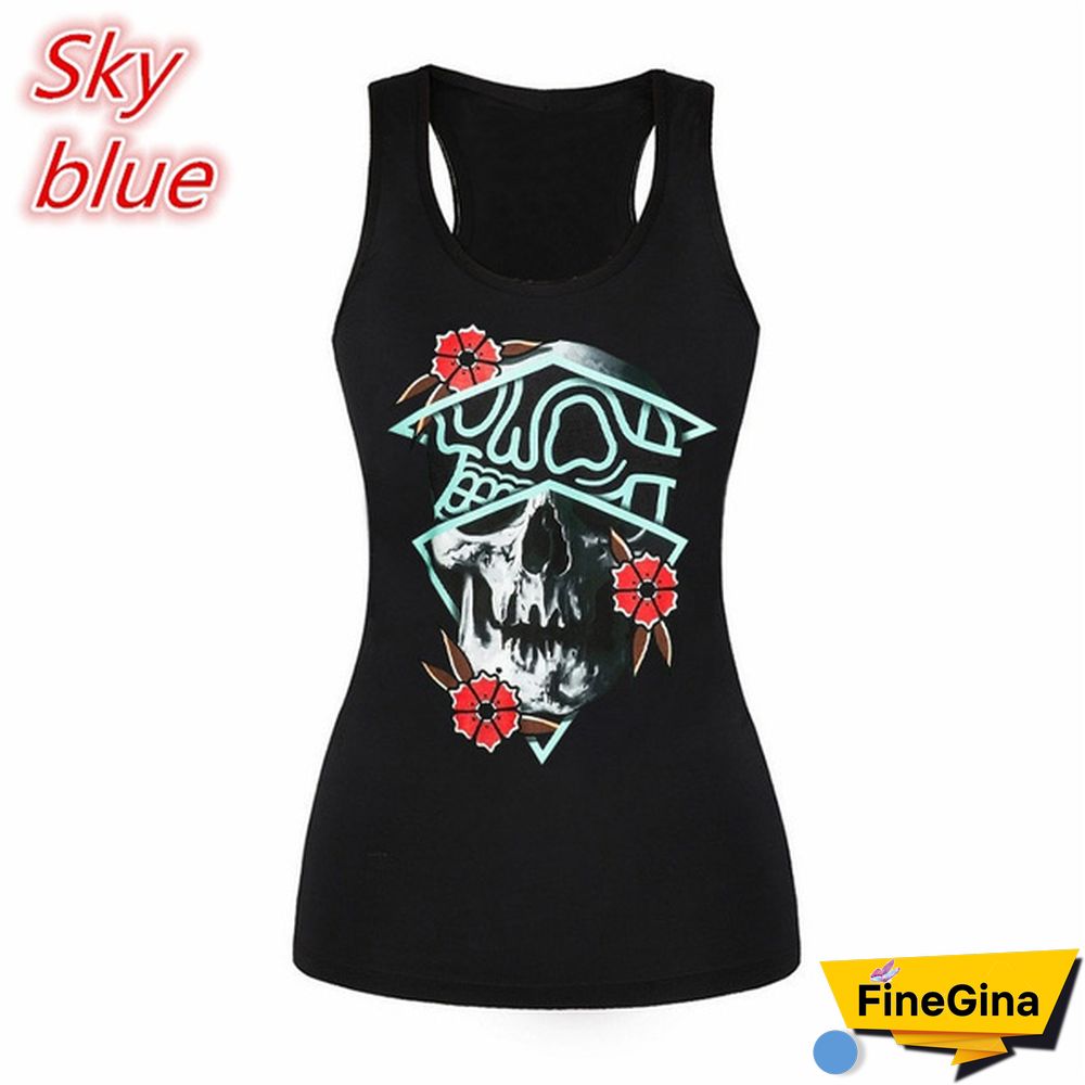 New Women's Skull Print Cut Out Back Tank Top Gothic Sleeveless Shirt Tops Racerback Vest Tops Plus Size XS-8XL