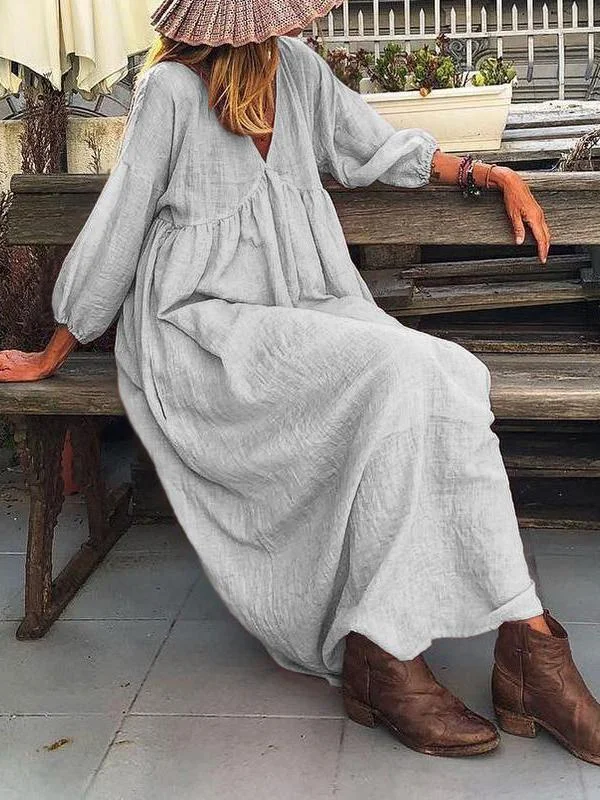 V-neck loose mid sleeve casual dress-Mayoulove