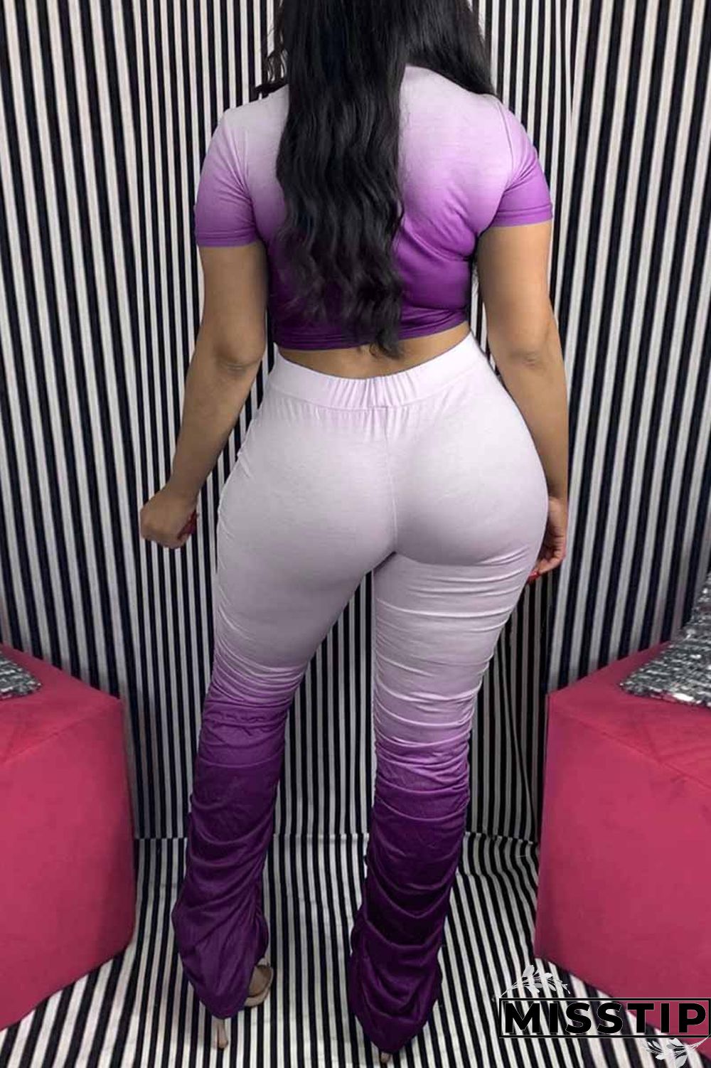 Purple Fashion Casual Gradual Change Letter Print Fold O Neck Short Sleeve Two Pieces