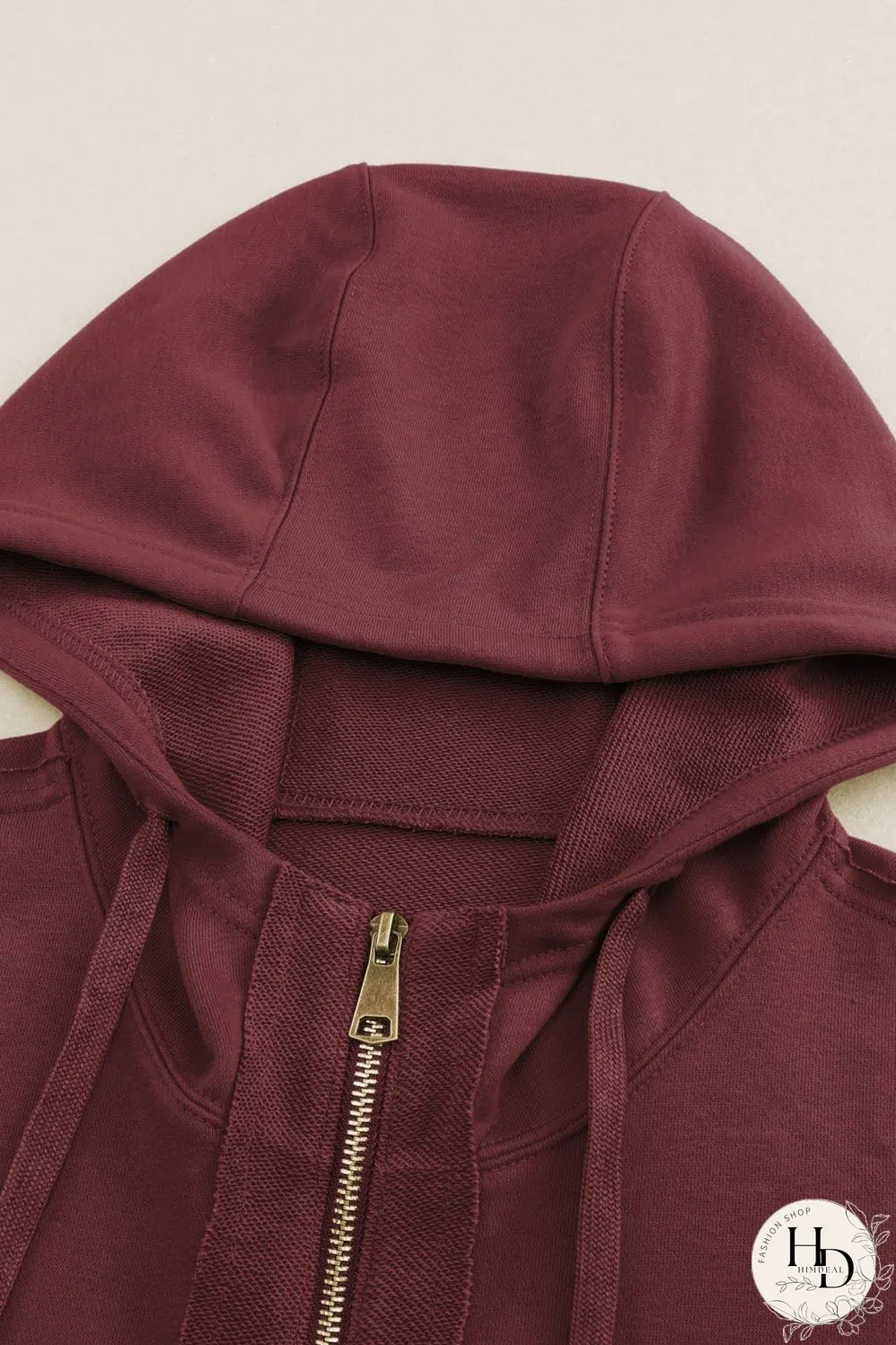 Brown Exposed Seam Zip-Up Hoodie with Raw Hem