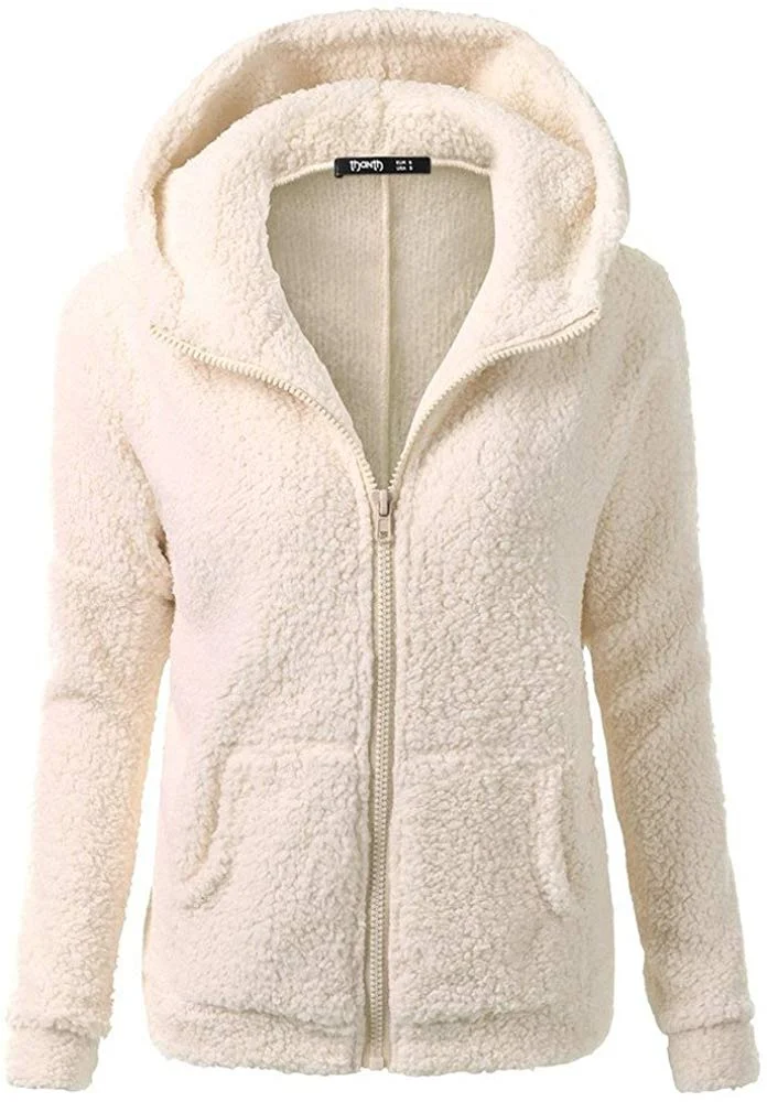 Women Sherpa Sweater Coat Winter Warm Wool Zipper Coat Cotton with Pocket Hooded