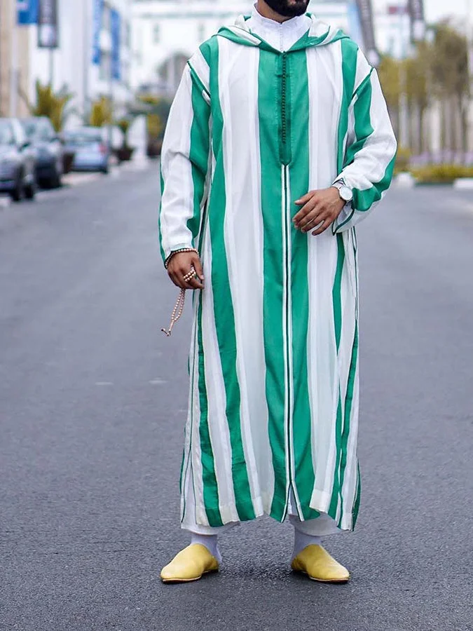 Men's White-Green Striped Long Sleeve Abaya