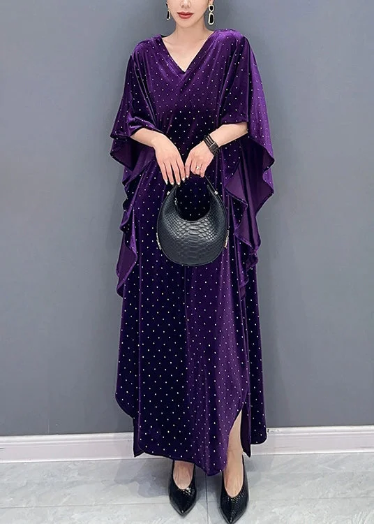 Loose Purple Asymmetrical Dot Patchwork Velour Long Dresses Fall