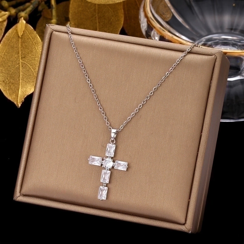 2 Pieces Ethnic Style Cross Stainless Steel Inlay Zircon Pendant Necklace