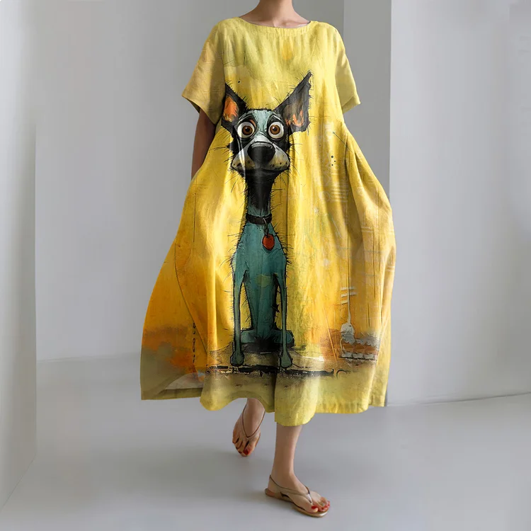 Oil Painting Art Dog Print Short Sleeve Loose Midi Dress