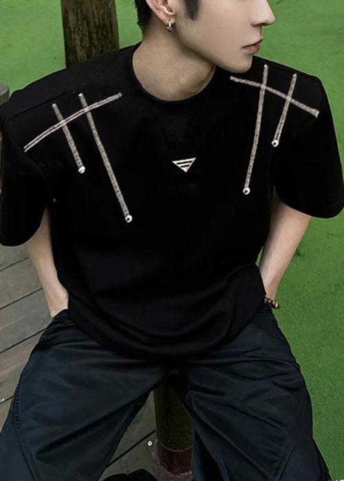 VCSHOES Loose Black O Neck Solid Cotton Men T Shirts Summer
