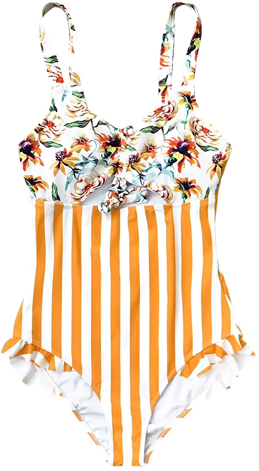 Women's Orange Floral Stripe Ruched Bust One Piece Swimsuit