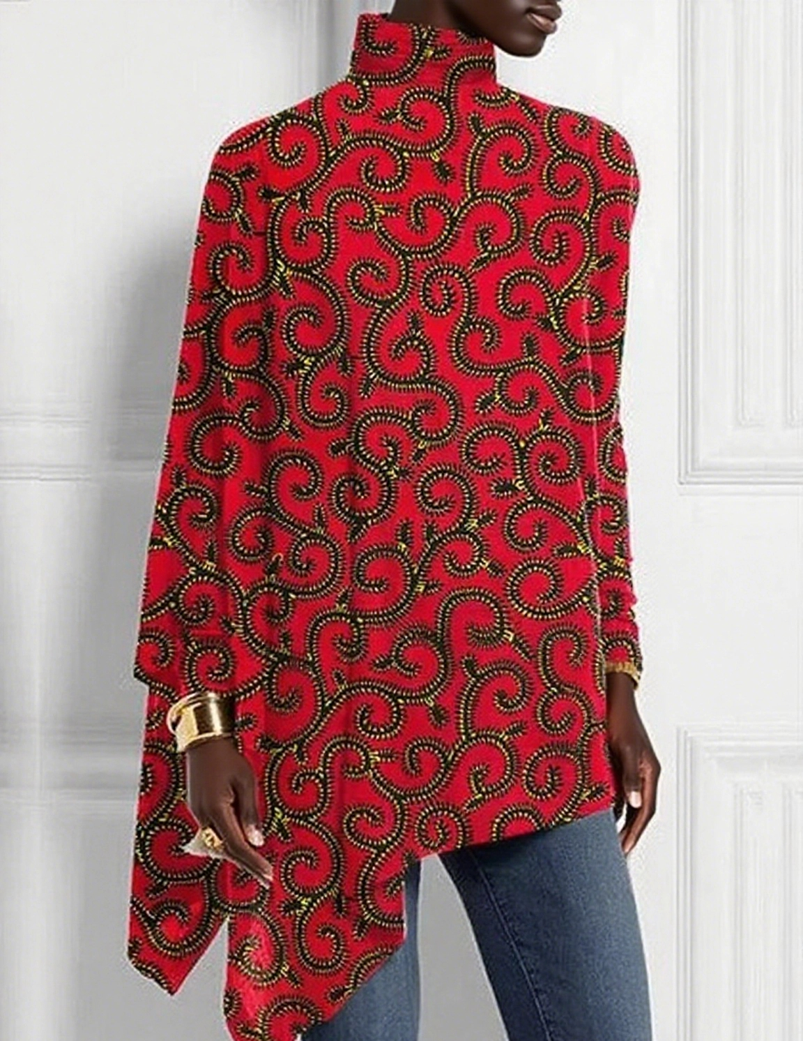 African Fabric Ankara Print Half Turtleneck Hem Top