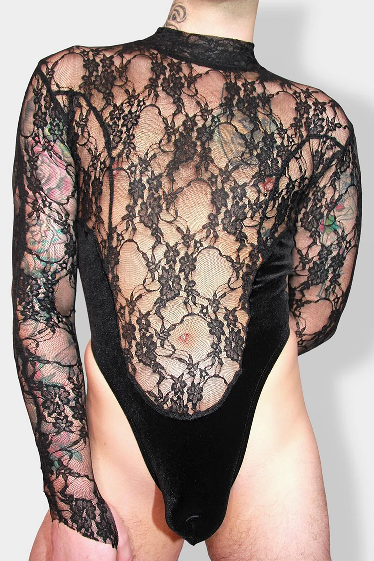 See-Through Lace Patchwork Mock Neck Long Sleeve Stretchy Bodysuit