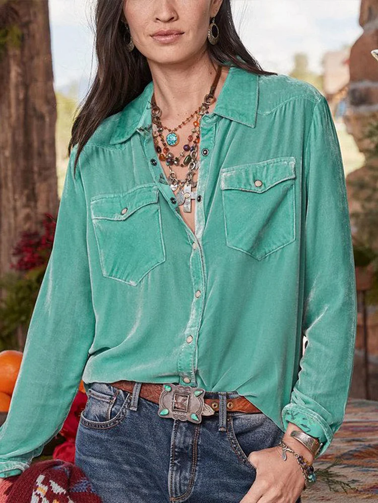 Women's Velvet Shirt Retro Patch Pocket Button Velvet Shirt
